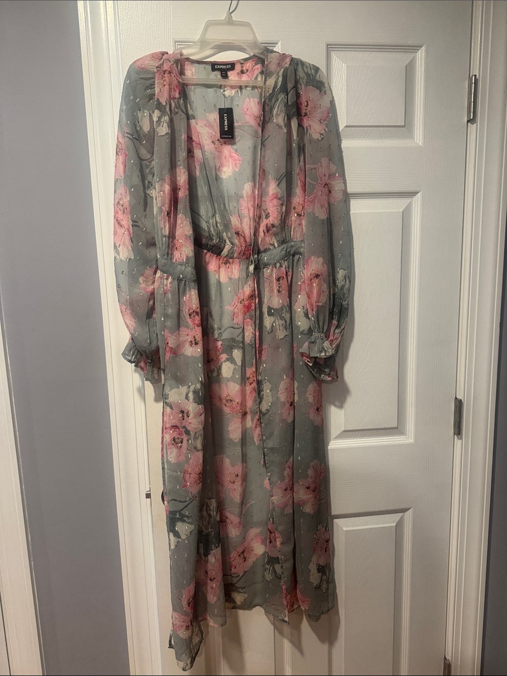 Express Gray Chiffon Maxi Dress with Pink Floral Print